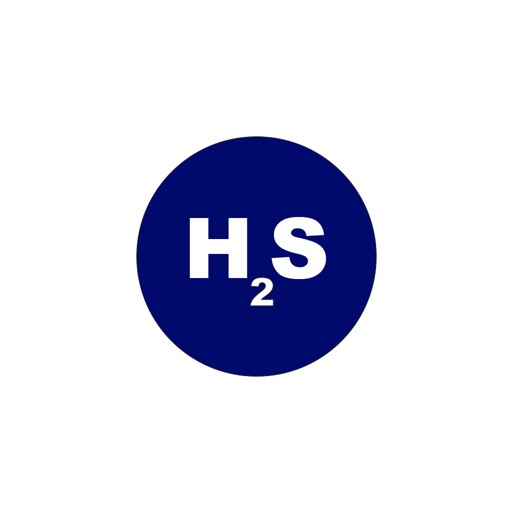 The periodic symbol for hydrogen sulfide, H2S. A colourless gas that resembles the smell of rotten eggs.